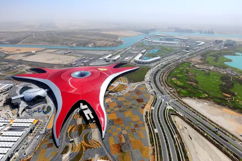 Aerial view of the red Ferrari World roof on Yas Island