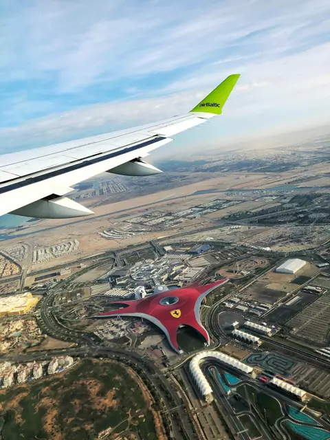 Ferrari World seen from a plane above Yas Island