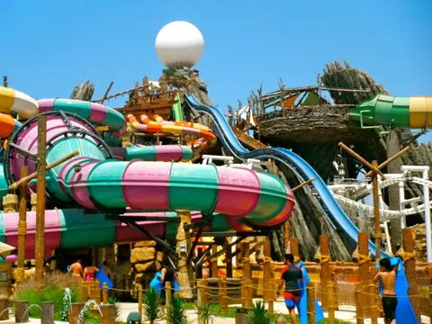 Colourful slide towers at Yas Waterworld
