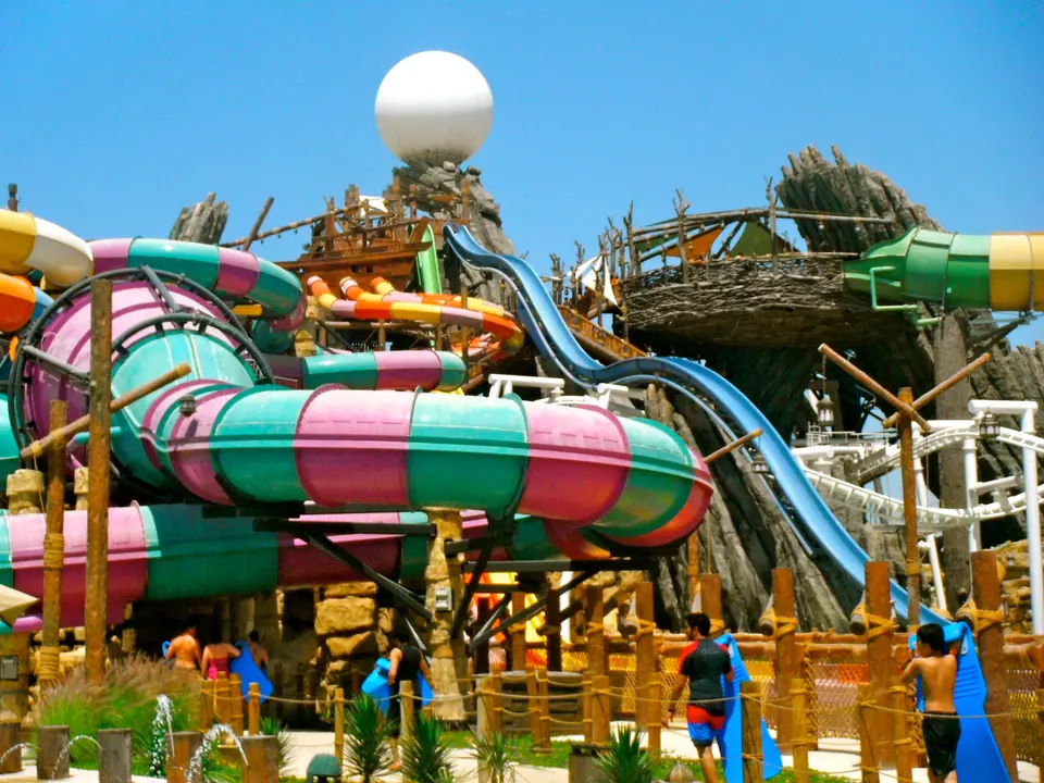 Colourful slide towers at Yas Waterworld