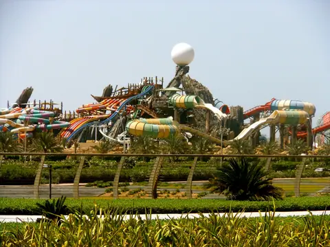 Yas Waterworld slides seen from outside the park